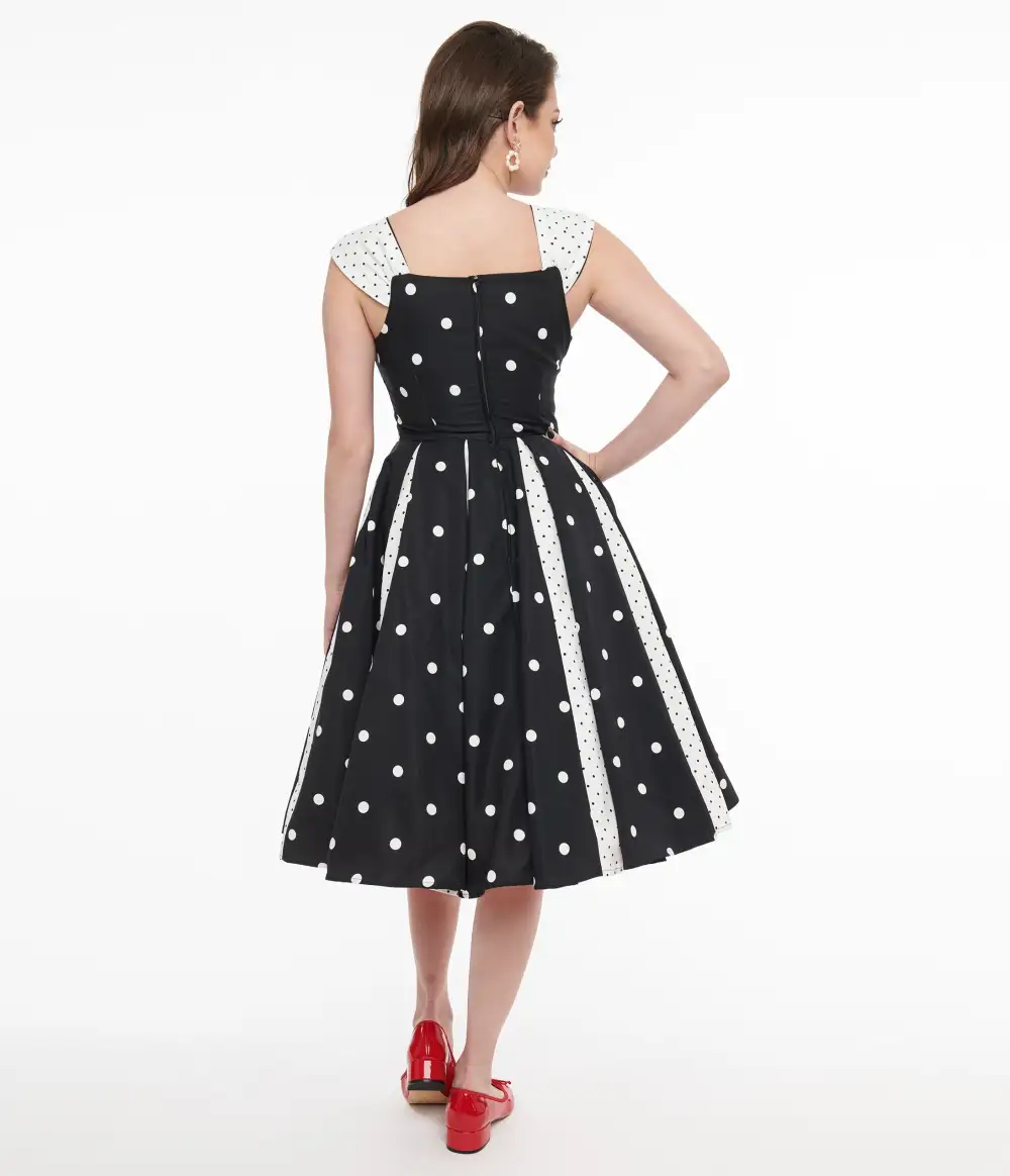 Unique Vintage Black & White Polka Dot Stripe Swing Dress