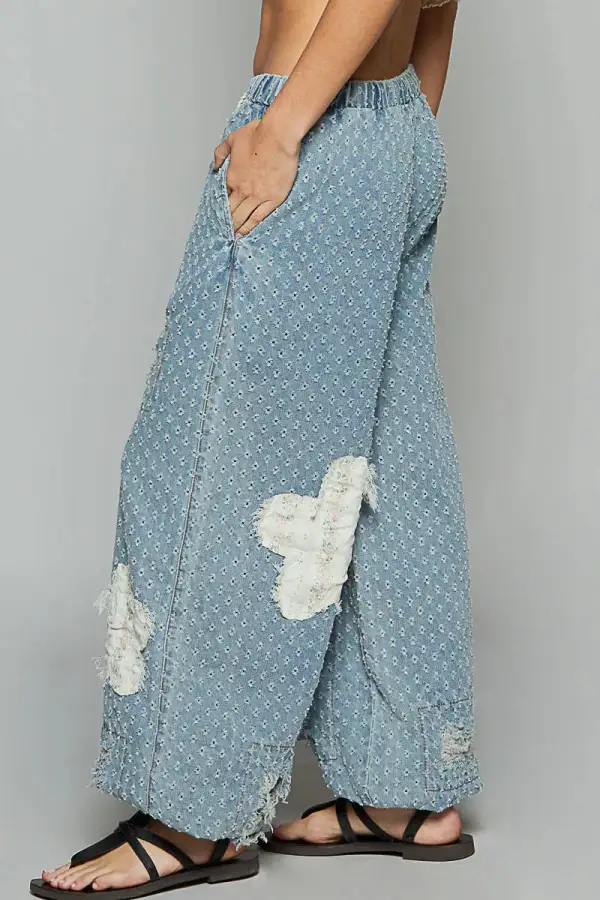 Floral Patch Washed Textured Twill Pants With Crochet See Thru Patch