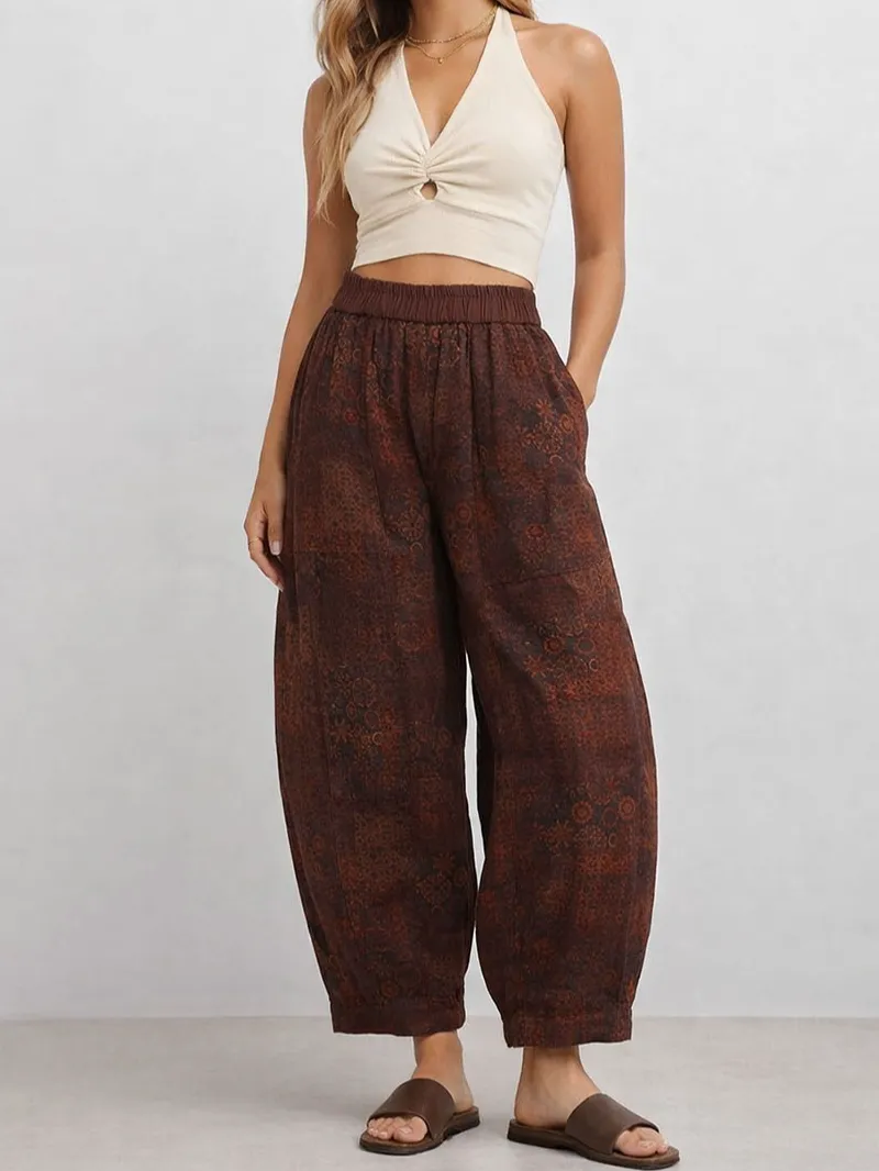 Boho Geometric Elastic Waist Barrel Leg Pants