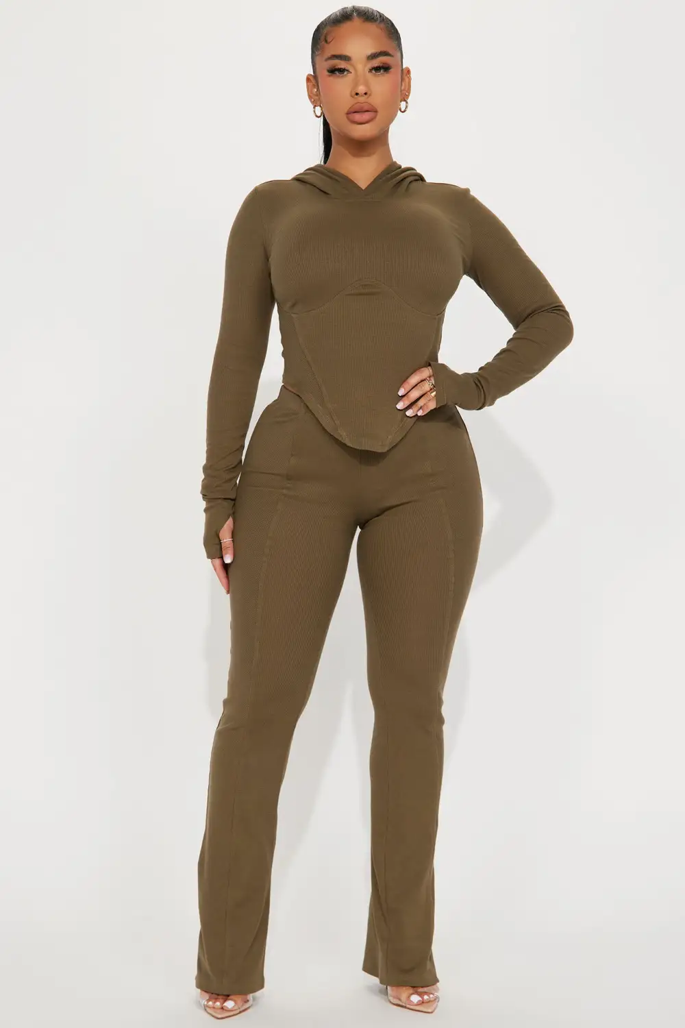 Faye Ribbed Pant Set - Olive