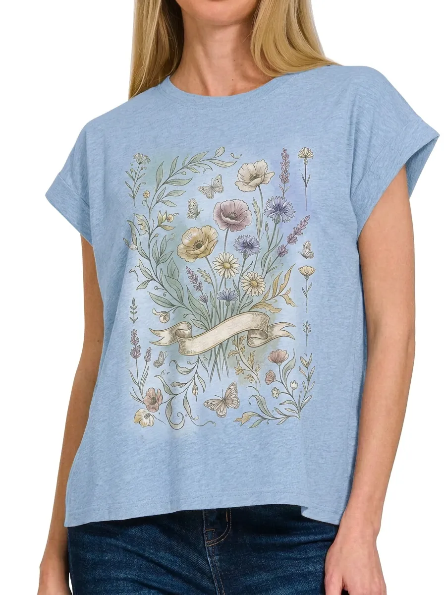 Women's Botanical Floral Butterfly Ribbon Printed T-shirt