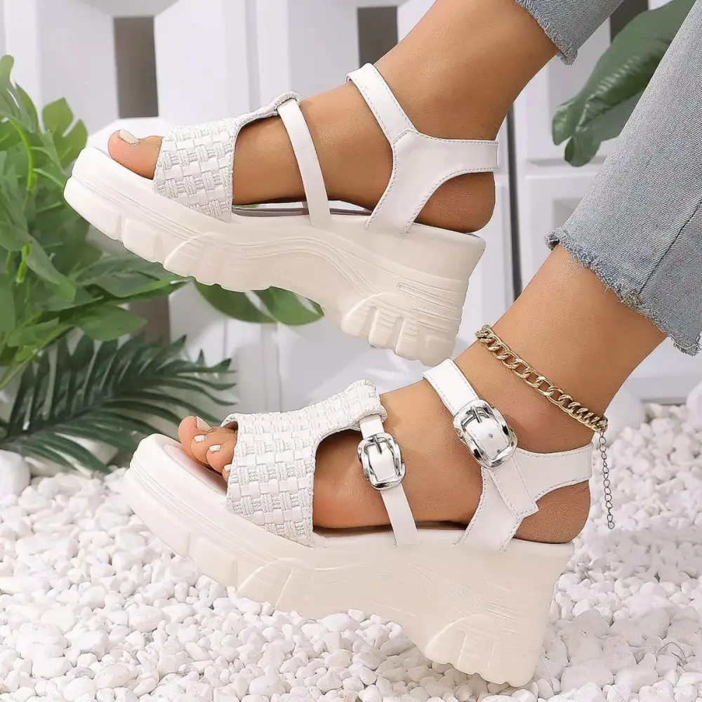 Buttoned Classic Open Toe Wedge Sandals