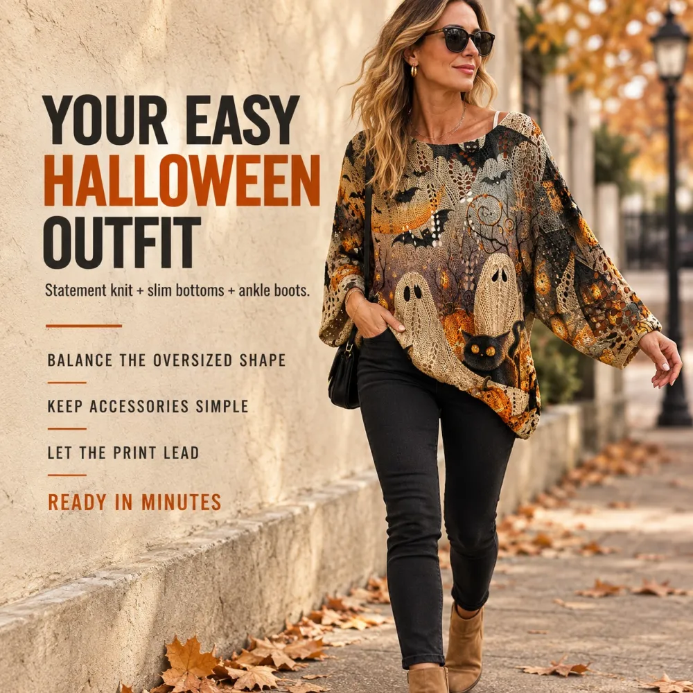 Halloween Long Sleeve with Diamond Cutout Bat Pumpkin Print