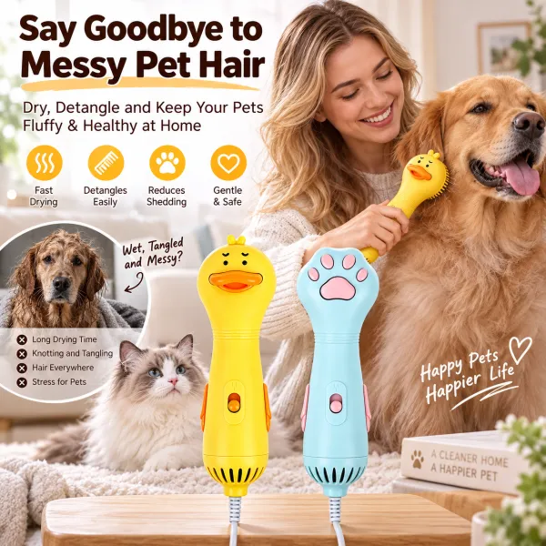 Pet Hair Dryer Brush for Cats & Dogs - Electric Blow Grooming Comb, Compact, Removes Loose & Floating Hair