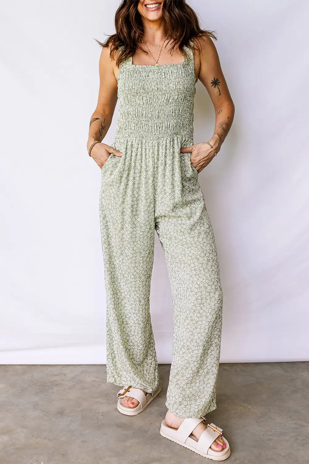 Smocked Bodice Square Neck Sleeveless Floral Jumpsuit