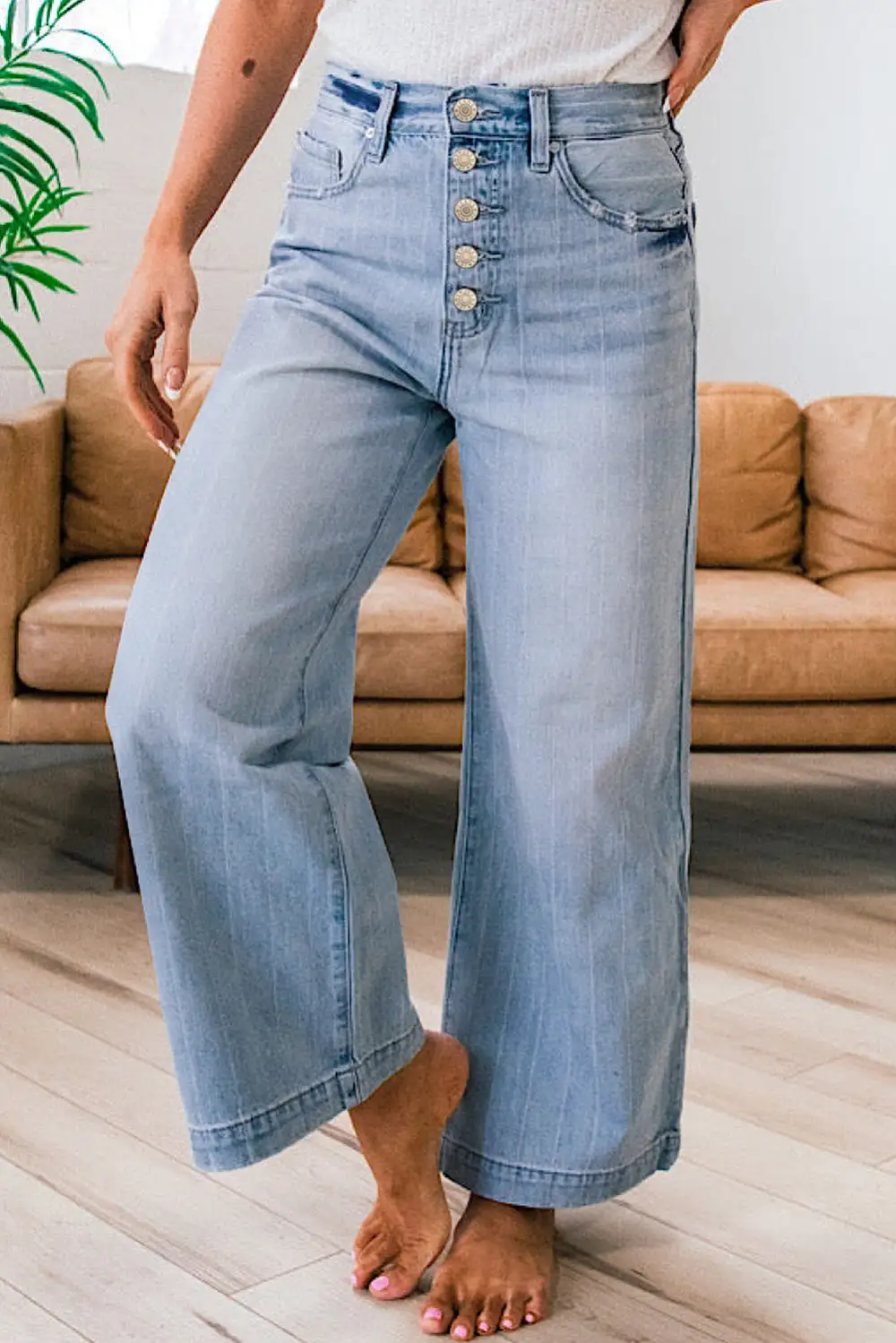 Multi Buttons Pinstripe Wide Leg Jeans