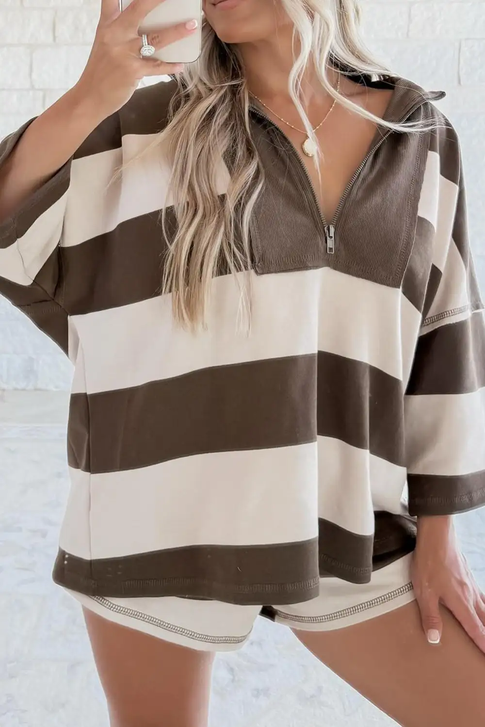 Relaxed Striped Zip Detail Zip Pullover Sweatshirt