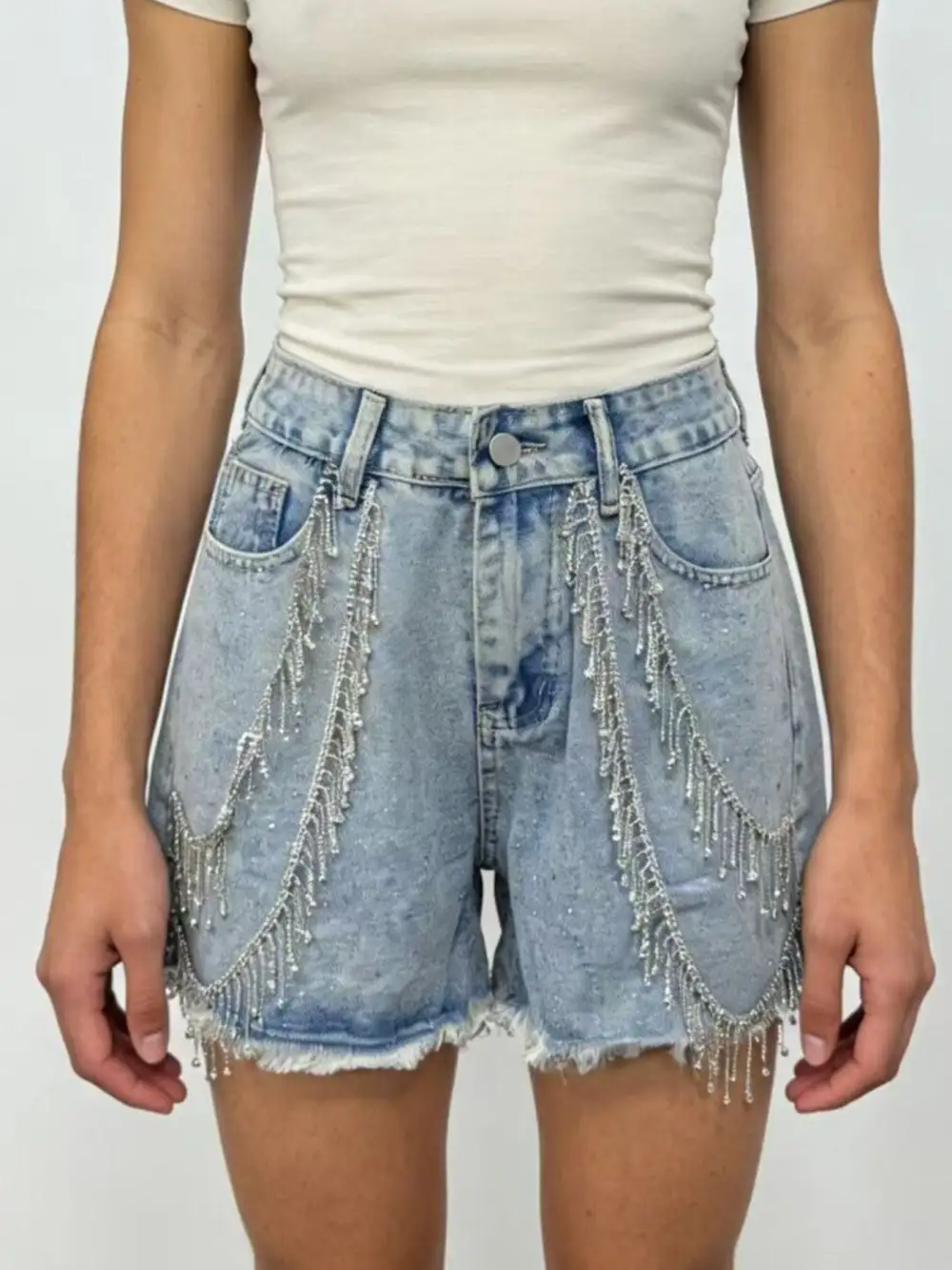 Rhinestone Chain Raw Hem Casual Shorts
