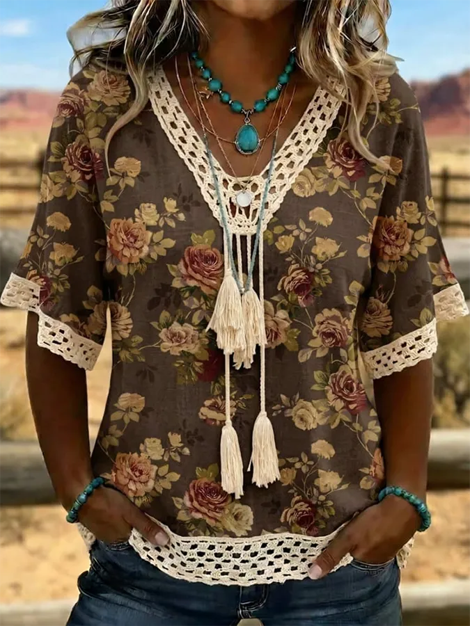 Women's Casual Vintage Art Patchwork Lace Boho Top