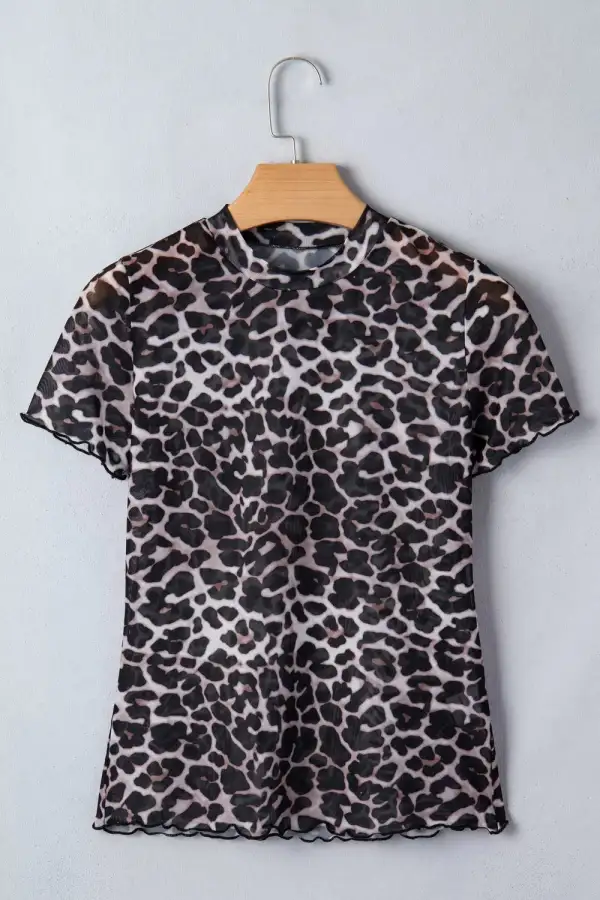 Leopard Print Sheer Mesh Short Sleeve Top