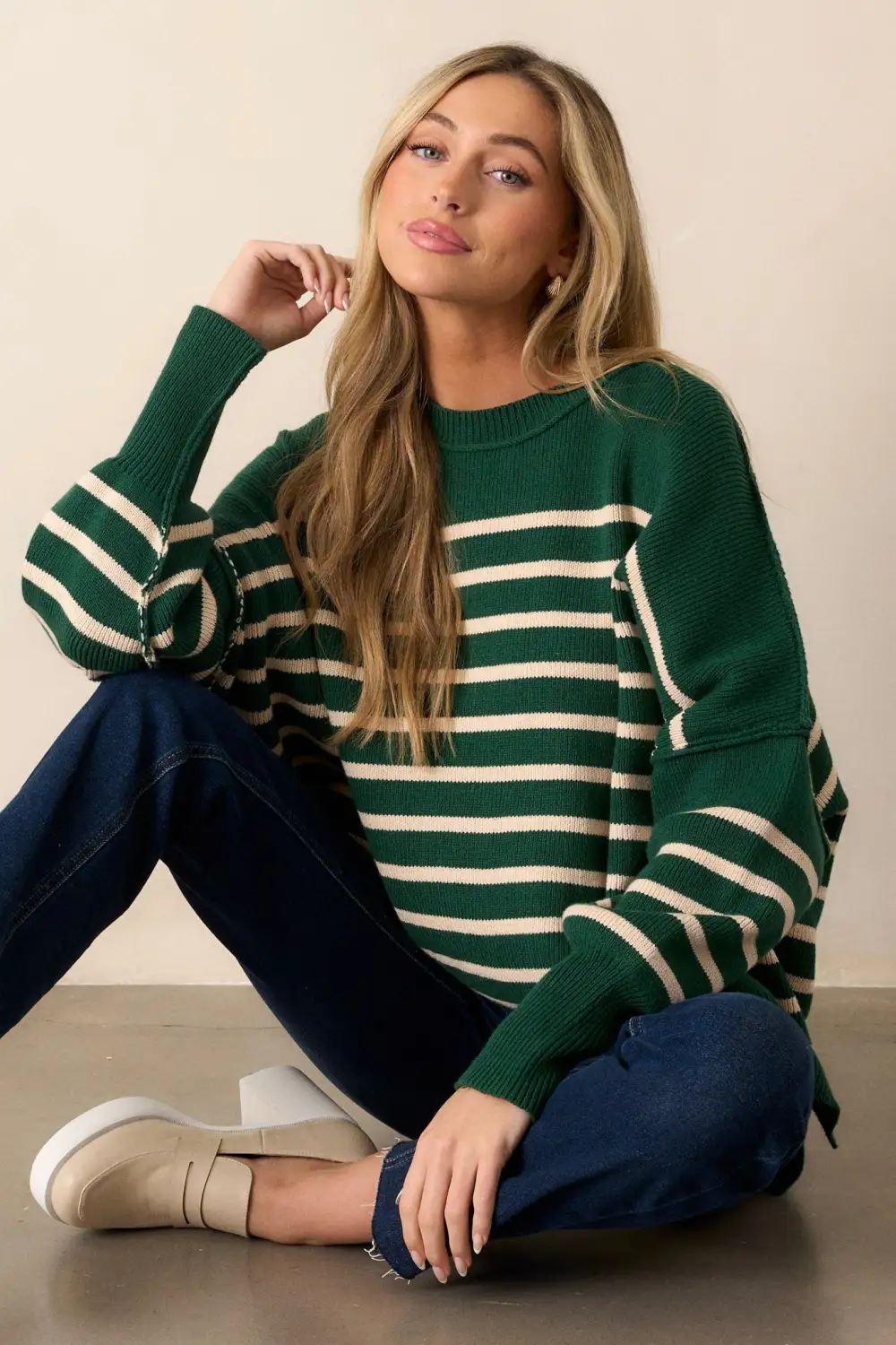 Whispering Woods Hunter Green Stripe Knit Sweater