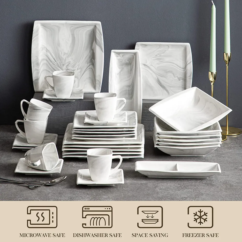 MALACASA Dish Set for 12, 60 Piece Marble Grey Square Dinnerware Sets, Porcelain Dinner Set with Plates and Bowls Sets, Cups and Saucers, Dishware Sets Kitchen Dishes Microwave Safe, Series Blance