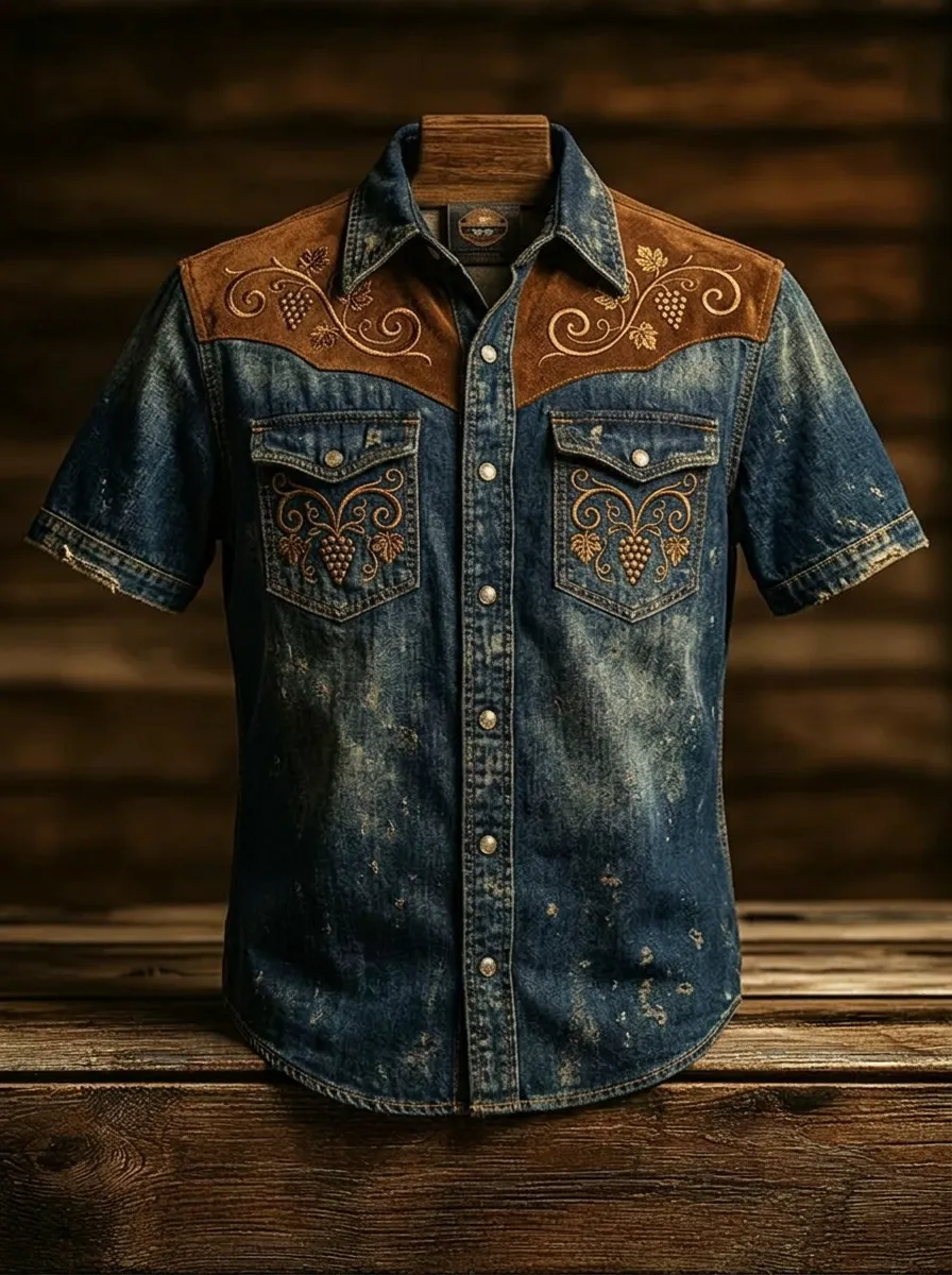 Men's Western Style Grapevine Embroidery Distressed Denim Shirt