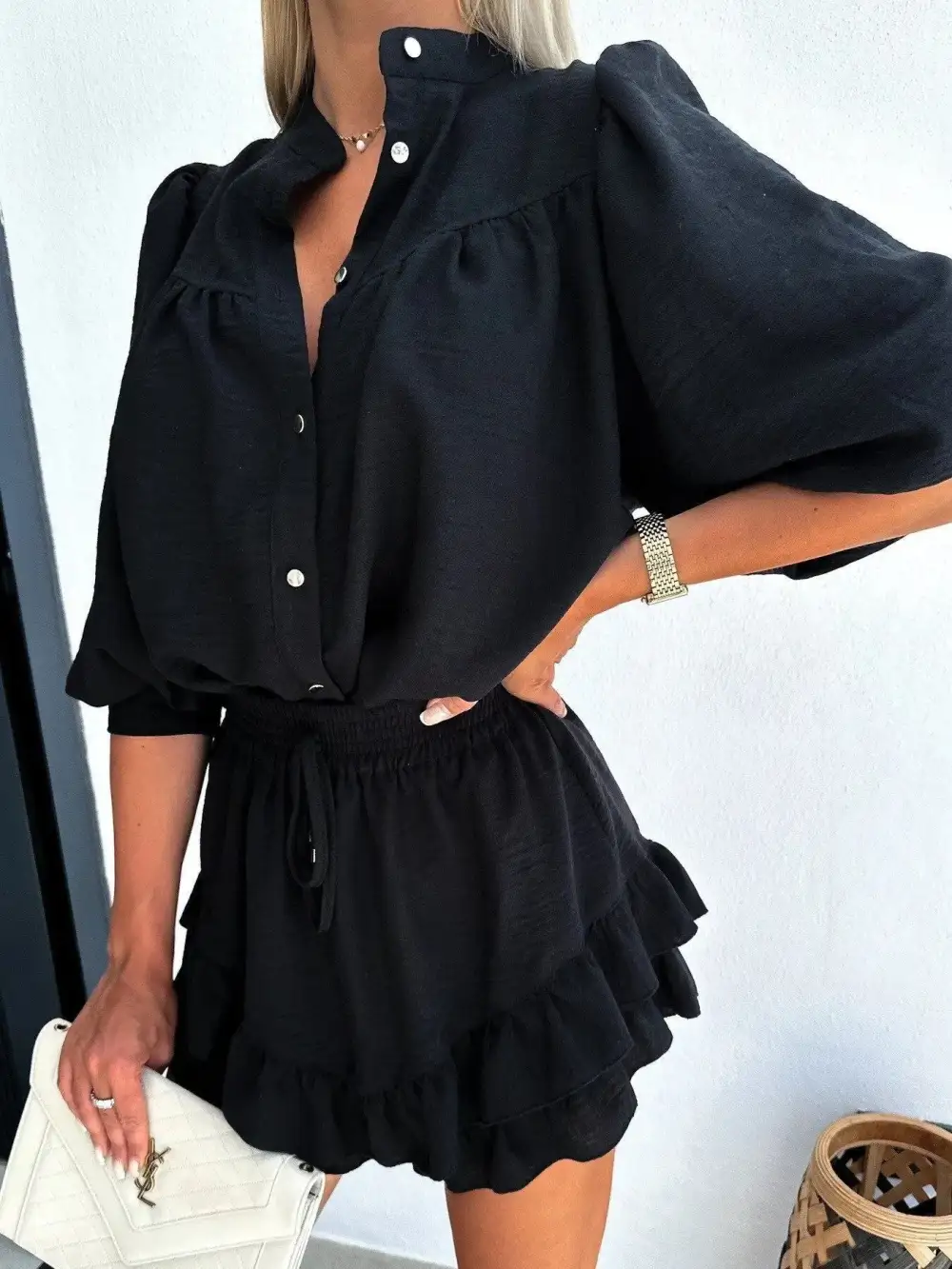 Airy Button Front Ruffle Trim Coordinated Set