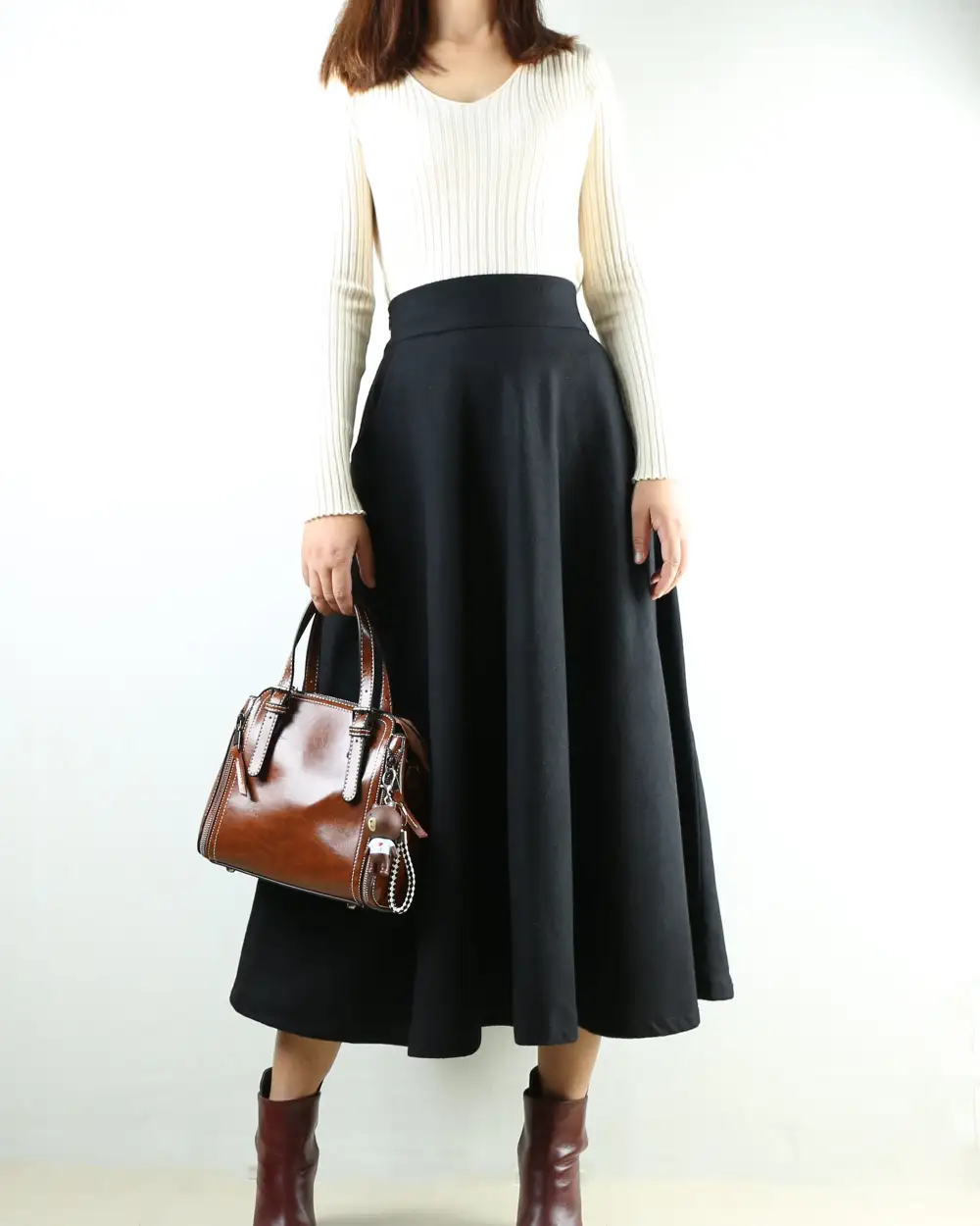 Airy Pocketed Wool Flared Maxi Skirt