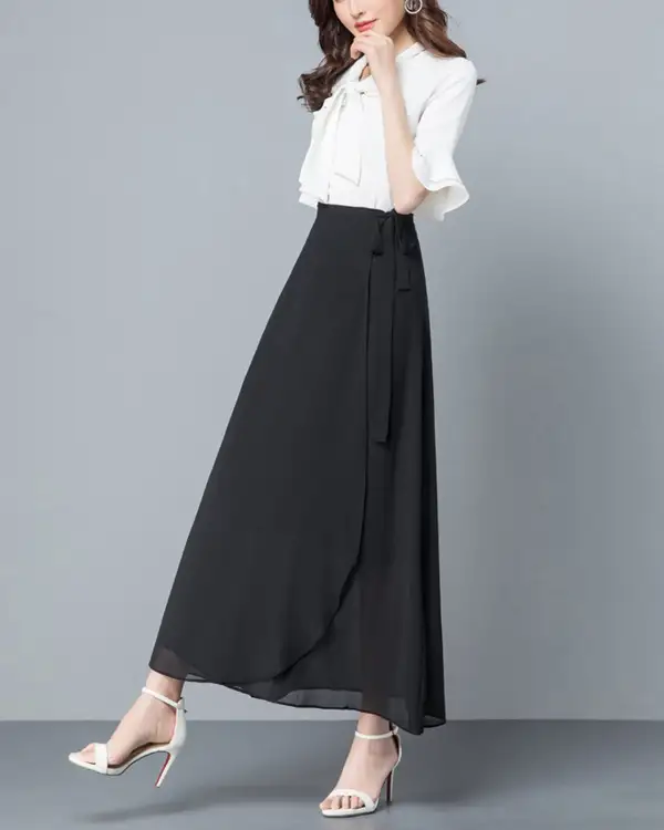 Airy Belted Chiffon A Line Midi Skirt