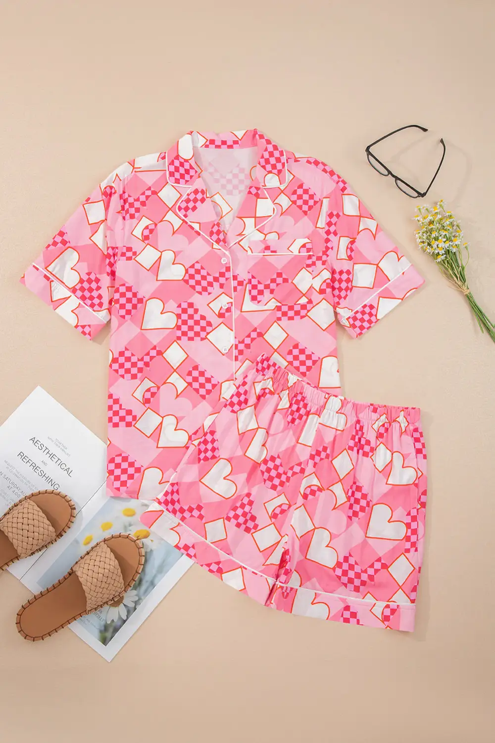 Heart Print Smooth Finish Short Pajama Set
