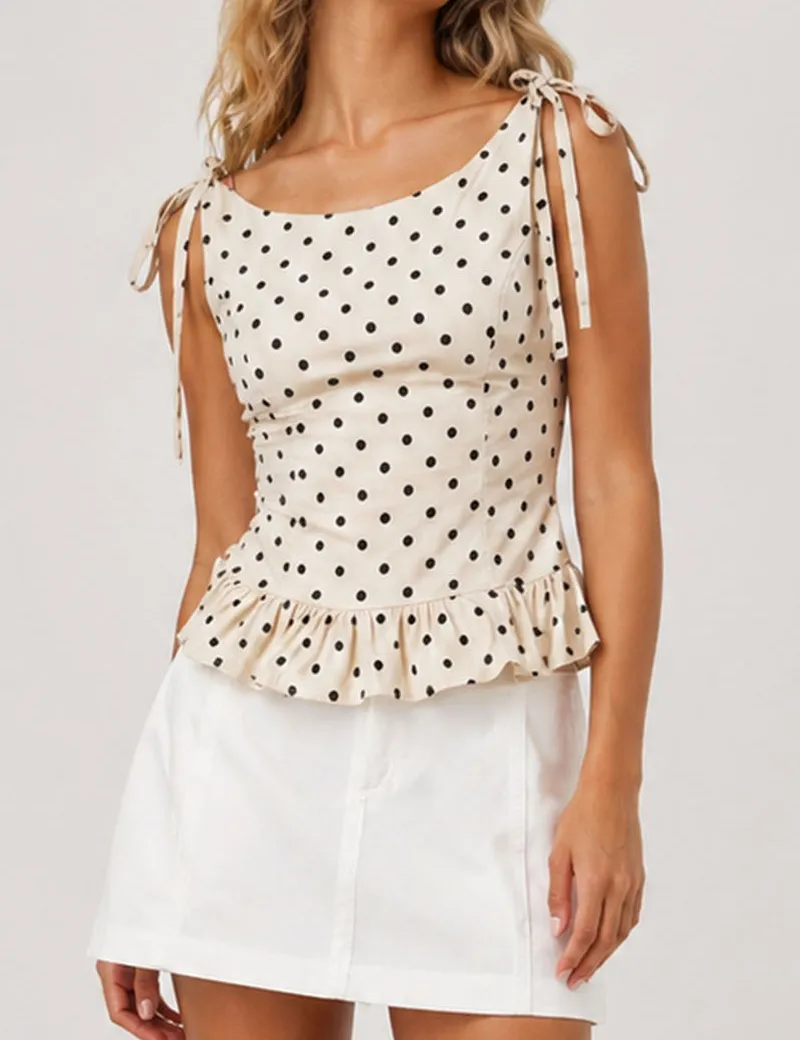 Polka Dot Shoulder Sleeveless Ruffle Sleeveless Top
