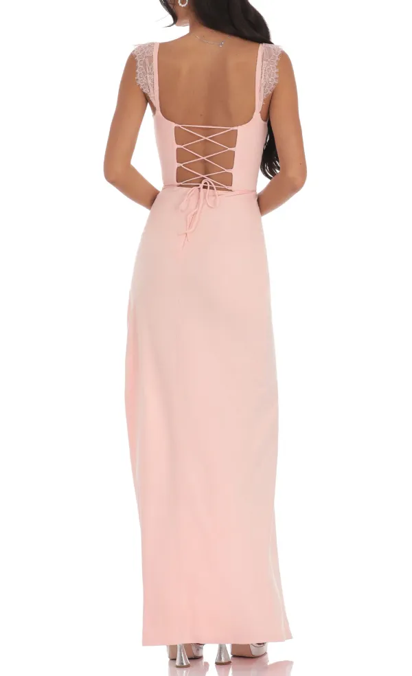 Suede Draped Lace Maxi Dress In Pink