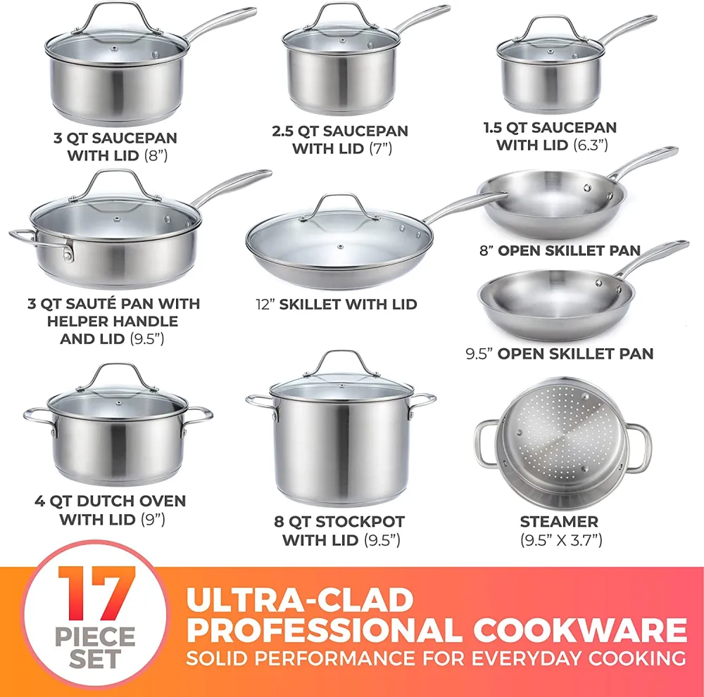 Pots and Pans Set 17-Piece, Ultra-Clad Pro Stainless Steel Cookware Set, Ergonomic and EverCool Stainless Steel Handle, Includes Saucepans, Skillets, Dutch Oven, Stockpot, Steamer and More