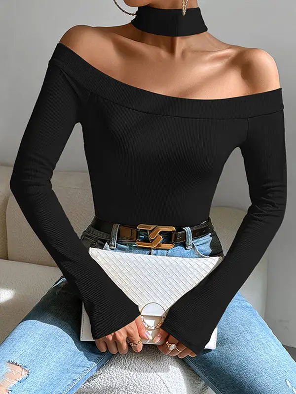 Long Sleeve Slim Fit Off The Shoulder T-Shirt