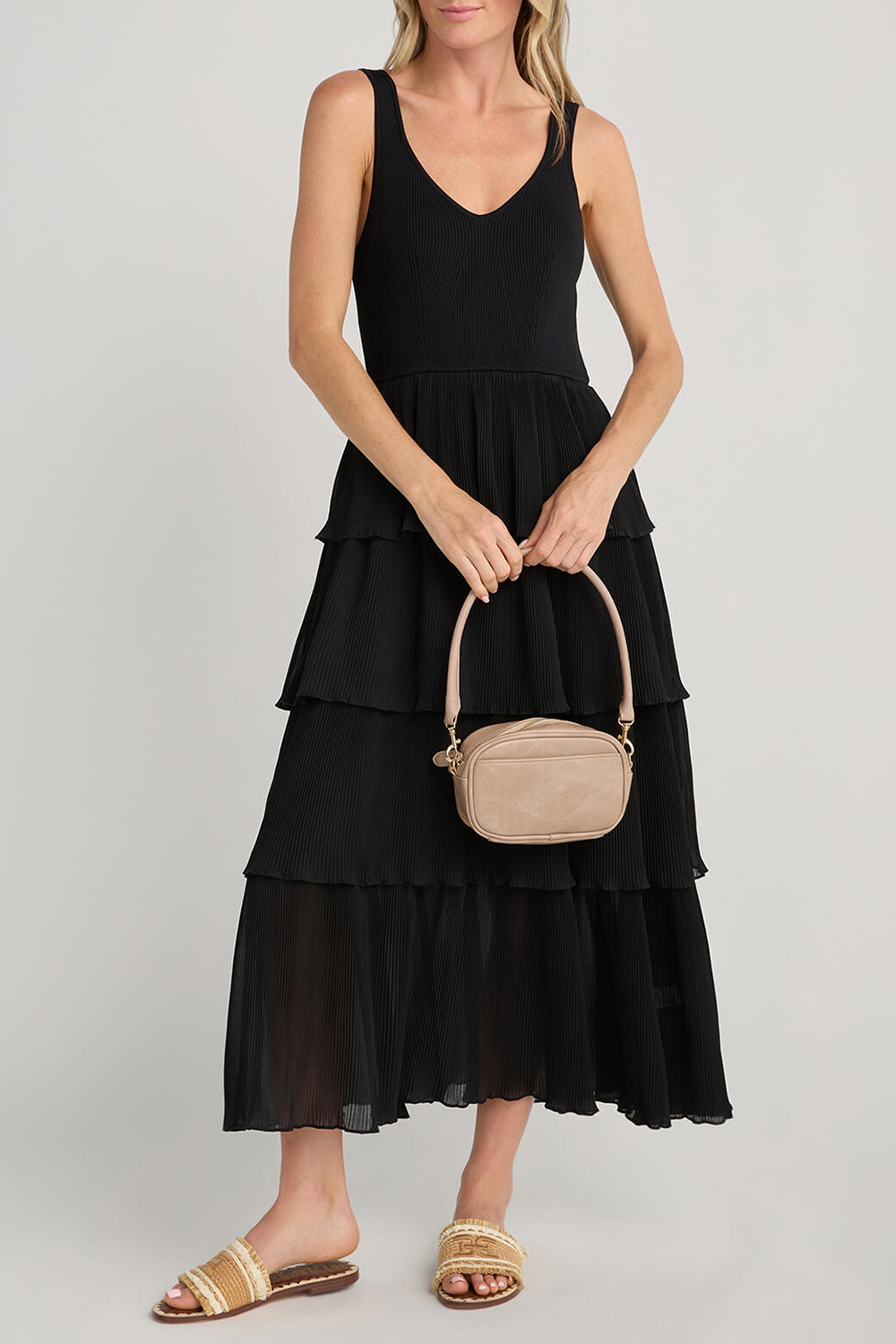 Merci Pleated Tiered Midi Dress - black