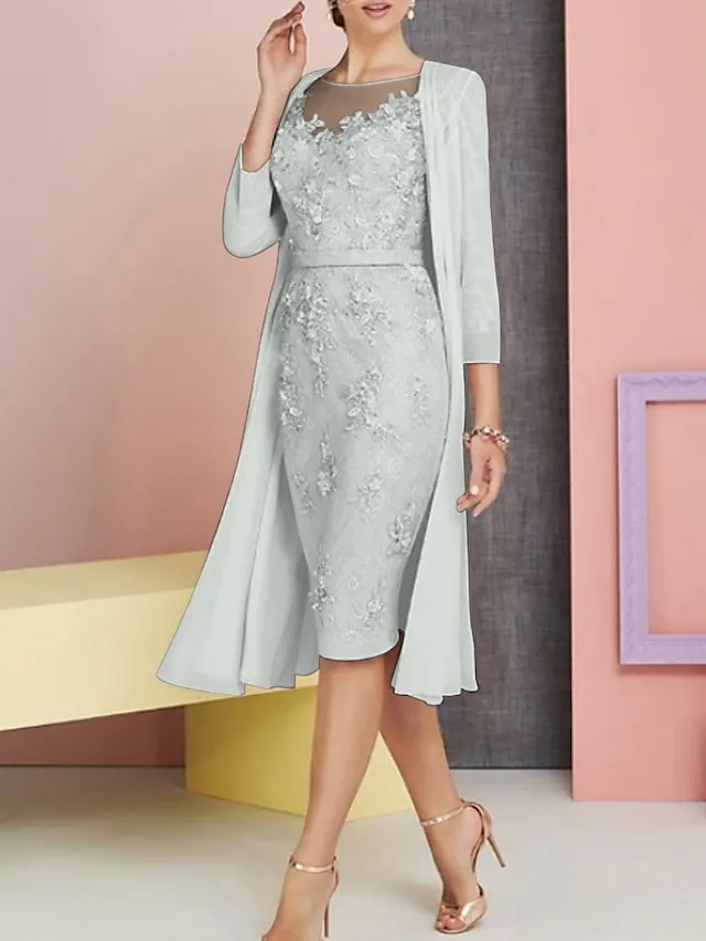 Two Piece Sheath Mother of the Bride Dress Pink Wedding Guest Church Elegant Vintage Plus Size Bateau Neck Knee Length Chiffon Lace 3/4 Length Sleeve Jacket Dresses with Appliques 2024