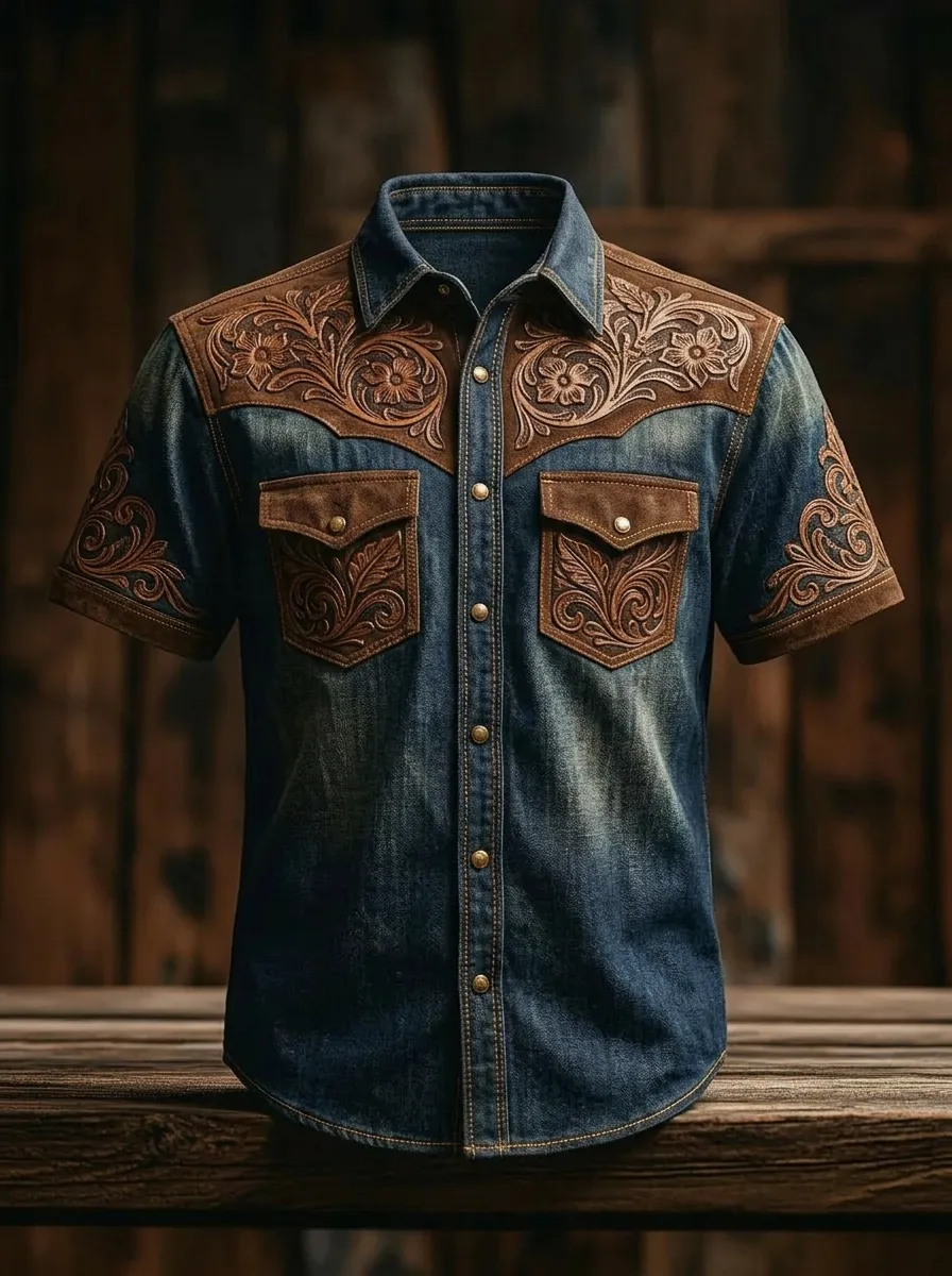 Men's Western Cowboy Floral Tooled Leather Printed Shirt-4