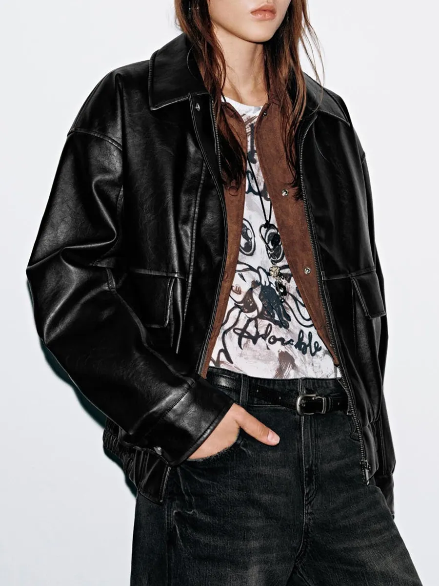 A Fashionable Black Lapel And Cinched Waist Leather Jacket For Ladies