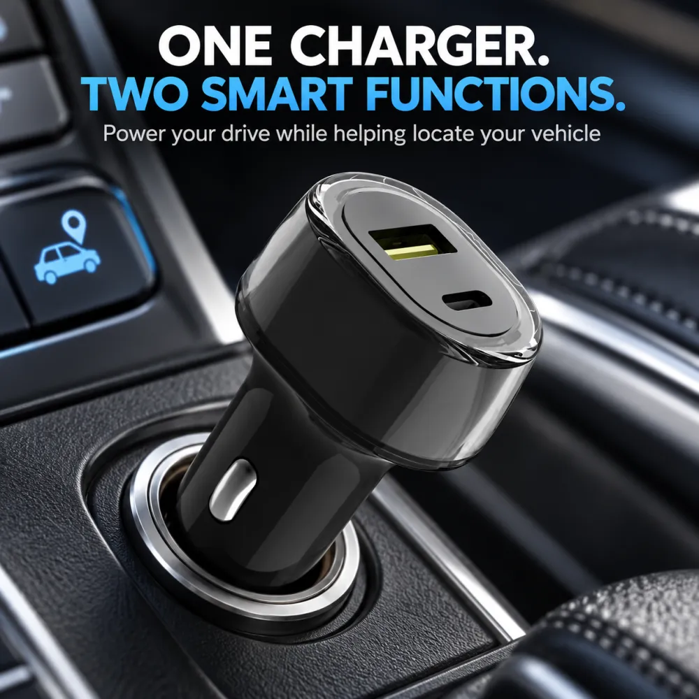 2-in-1 Compact Car Charger GPS Tracking Adapter -30W Fast Charging USB-C Device, Parking Lot Loss Prevention Function, Supports iPhone+Android Charger, Portable Can Put in Bag, Tool Upgrades