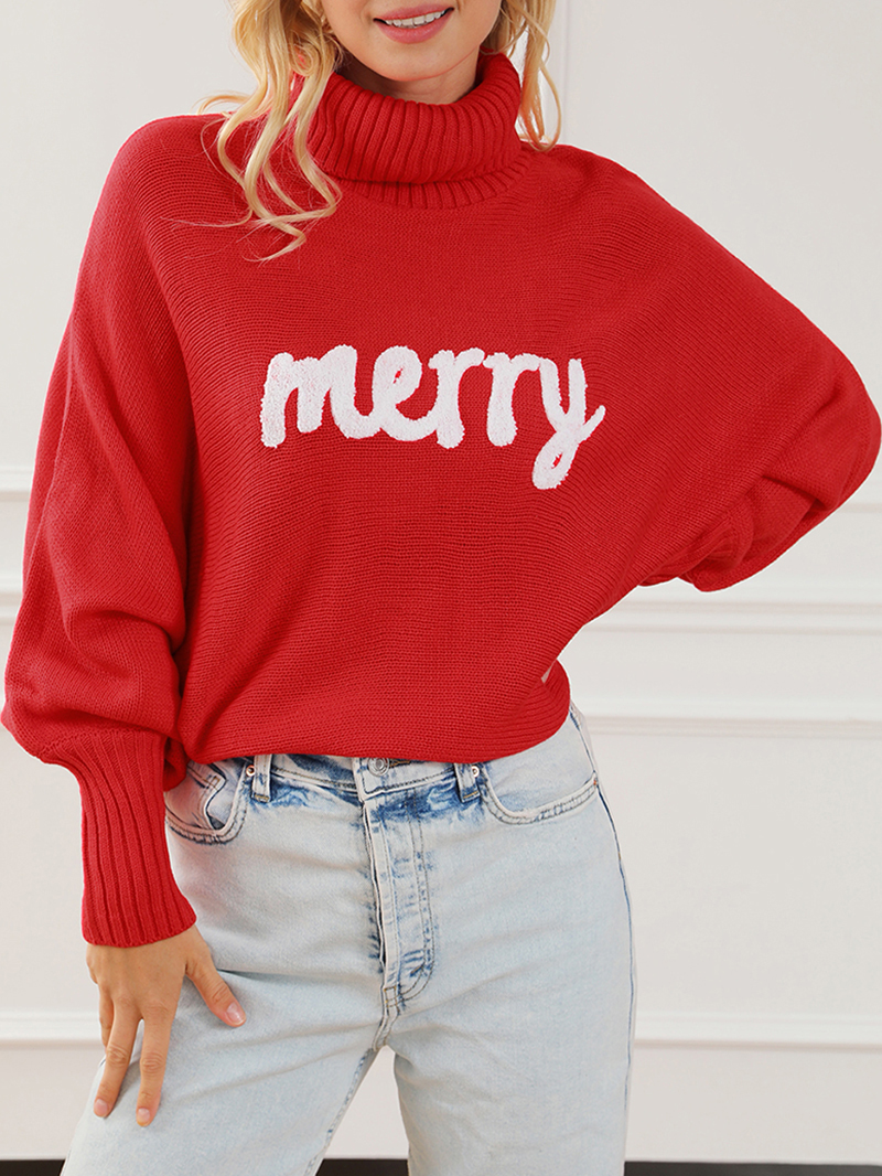 Fiery Red Merry Letter Embroidered High Neck Sweater