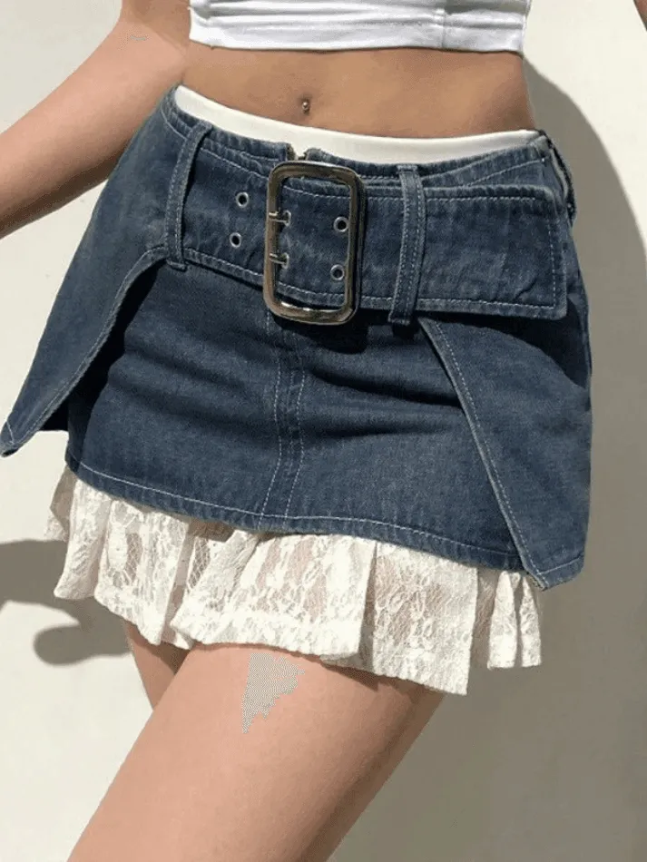 Belted Denim Cargo Mini Skirt
