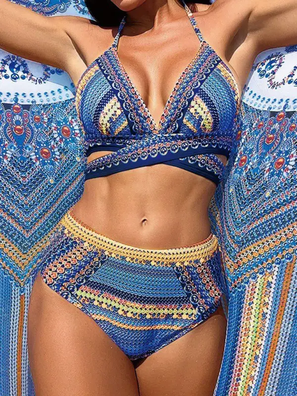 Digital Printed Shawl High Waist Bikini Swim Set