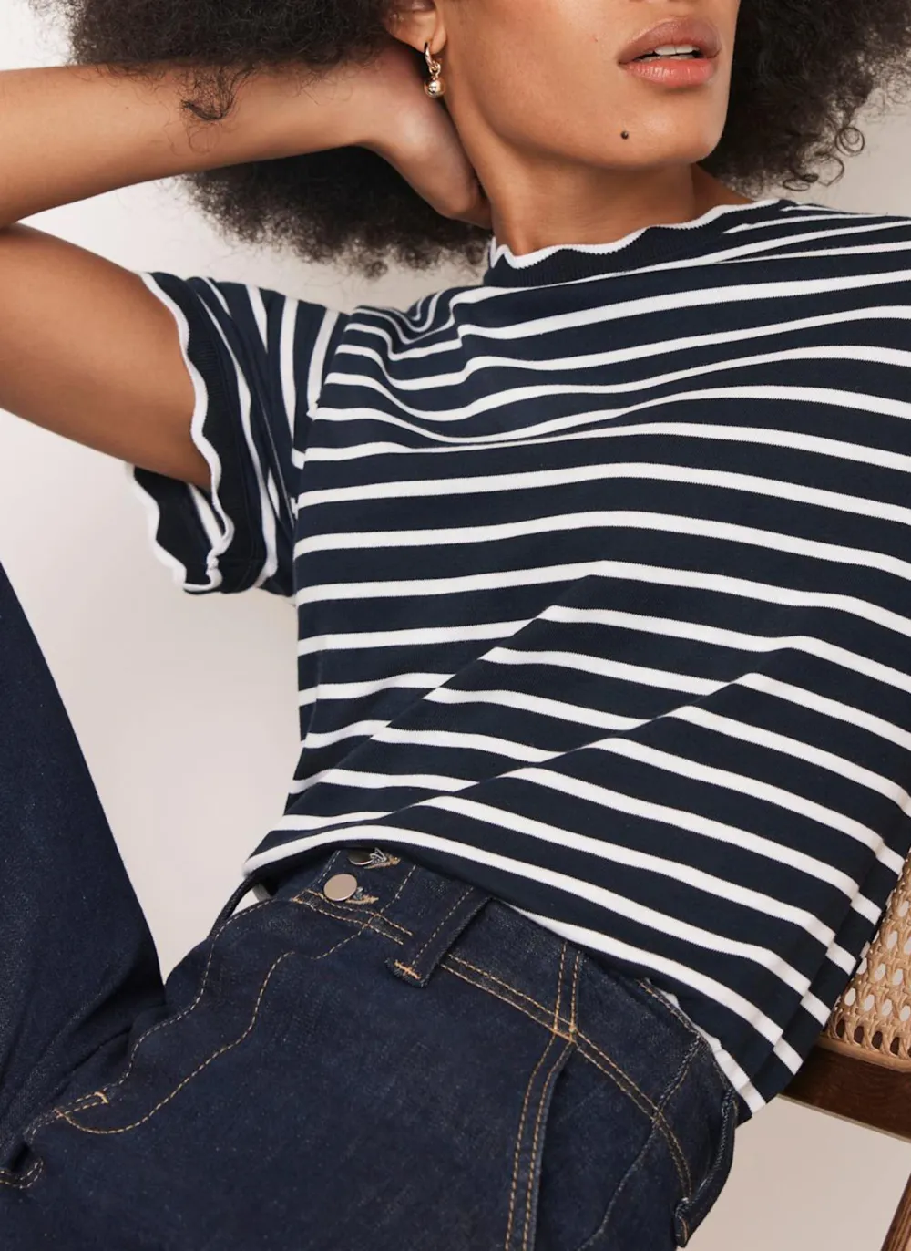 Casual Style Navy Stripe Scallop Trim T-Shirt