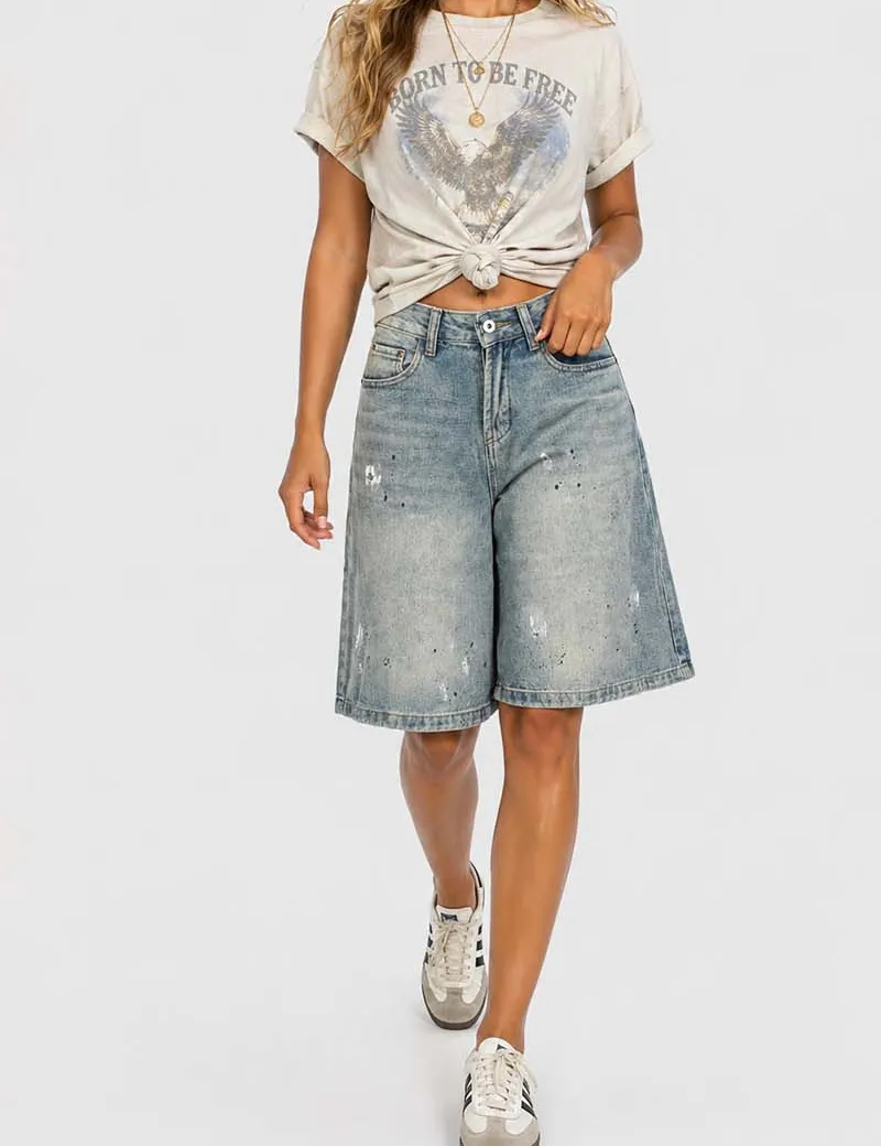 Distressed Wide Leg Denim Bermuda Shorts