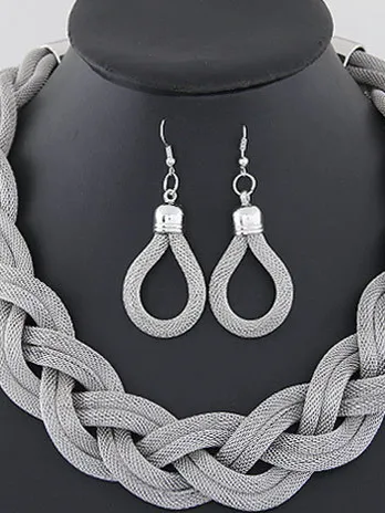 Handwoven Twist Metal Thick Chain Vintage Necklace Earrings Set