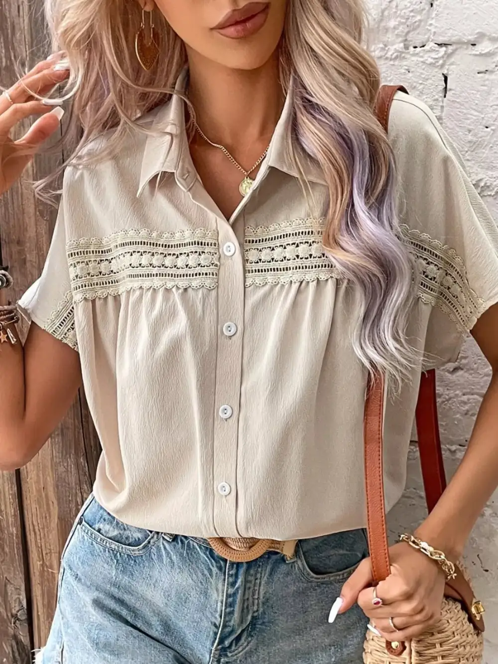 Lace Trim Button Up Shirt