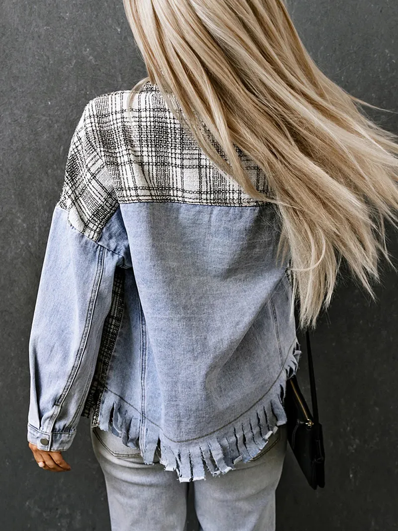 Casual plaid fringed denim jacket