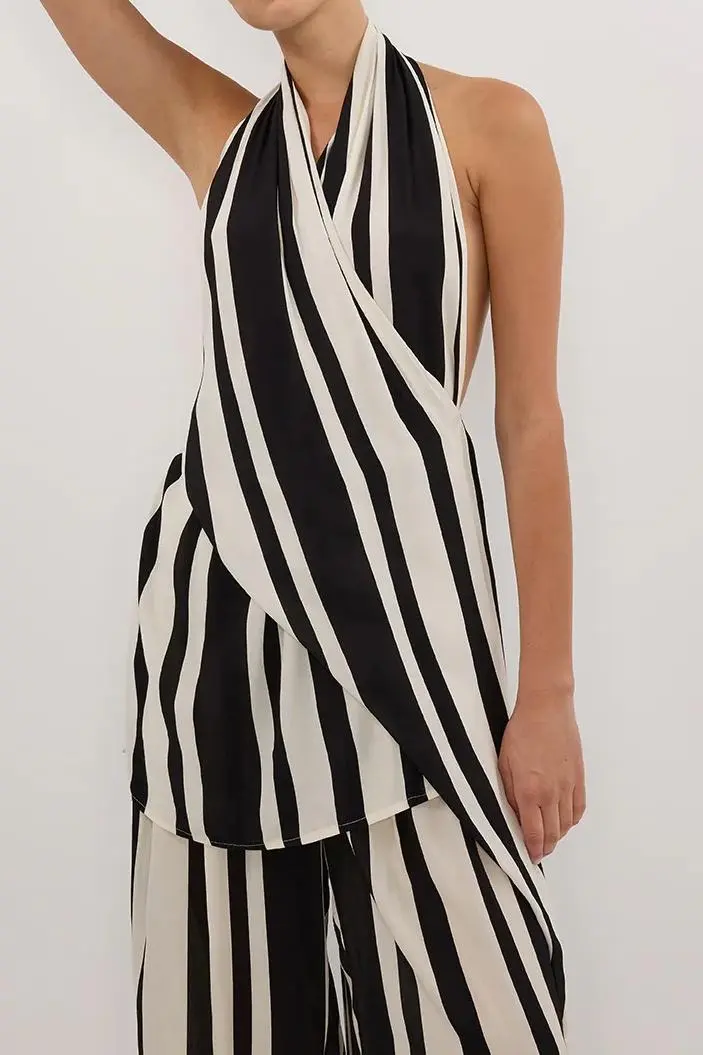 BLACK STRIPE HALTER TOP