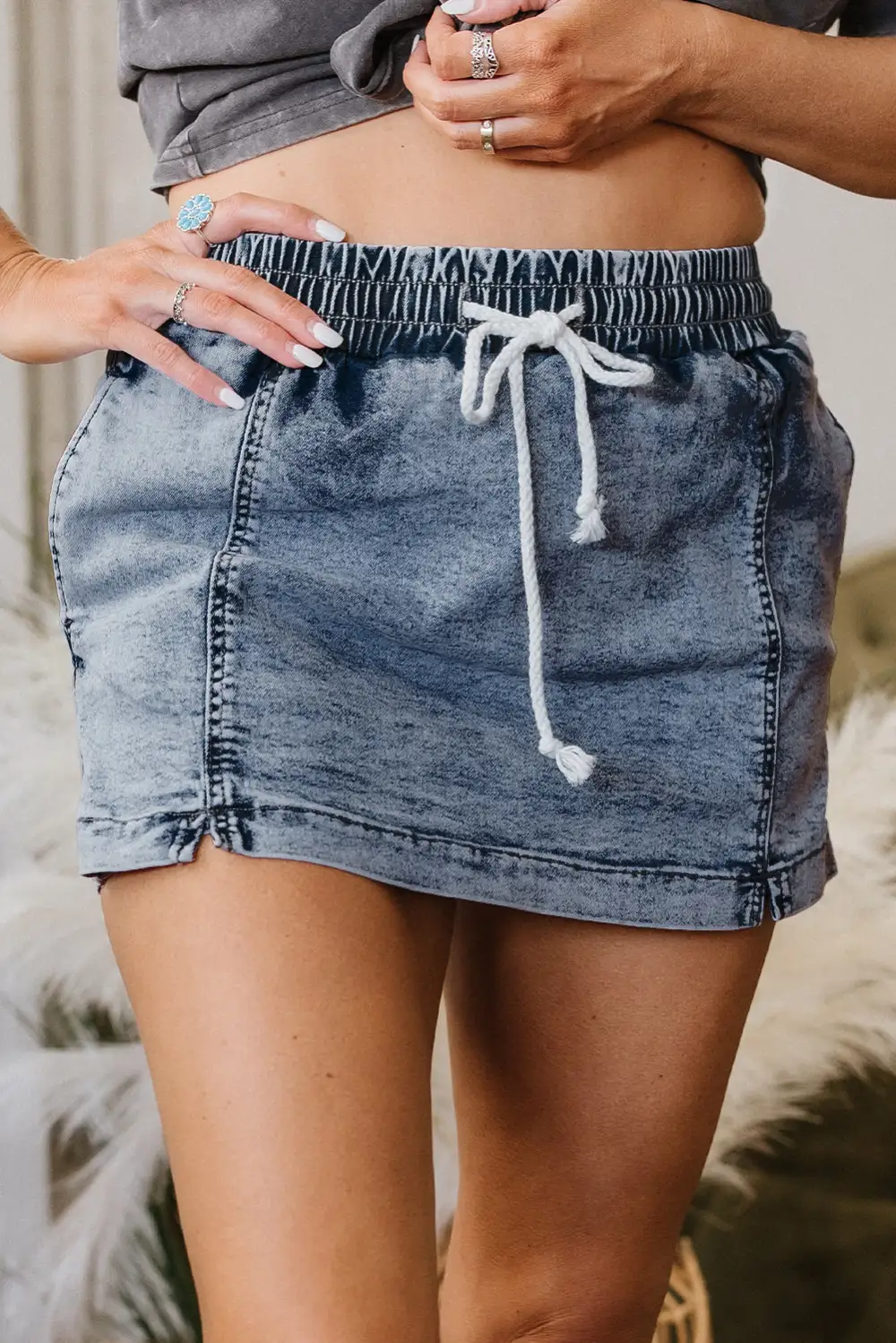 Drawstring High Waist Pocketed Denim Shorts