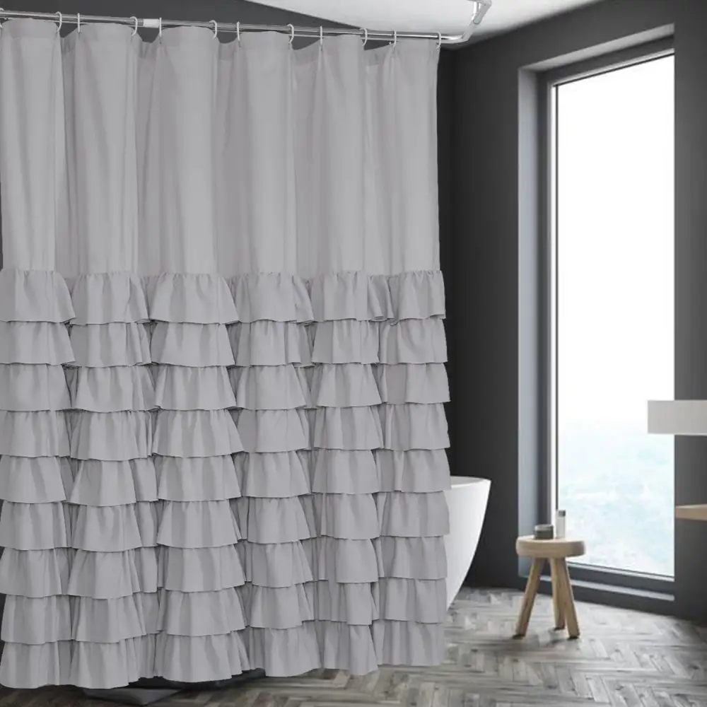 (Store Closing Sale) Delicate Microfiber Shower Curtain Handsewn Overlapping Ruffle Bath Curtain 72