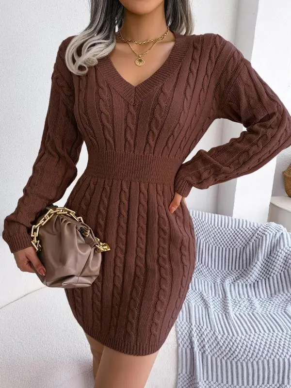 V Neck Cable Knit Sweater Dress