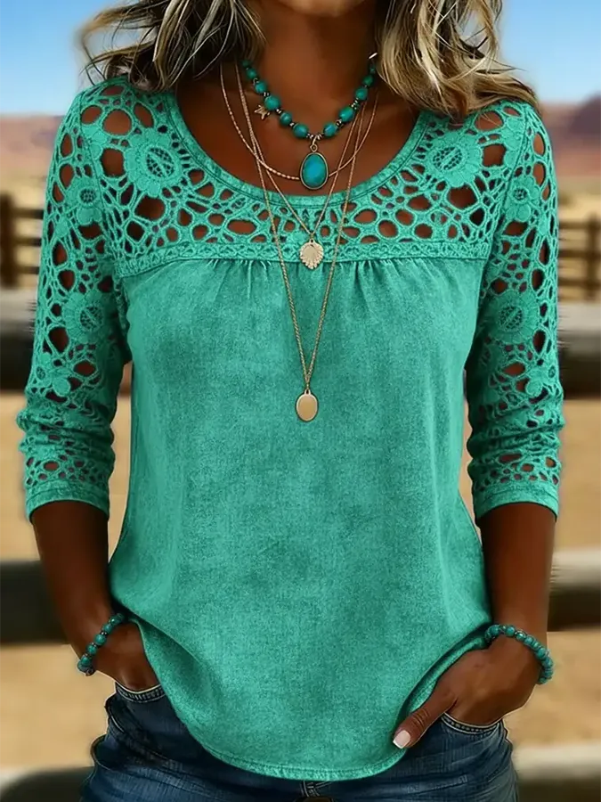 Women's Solid Color Casual Loose Lace Denim Shirt