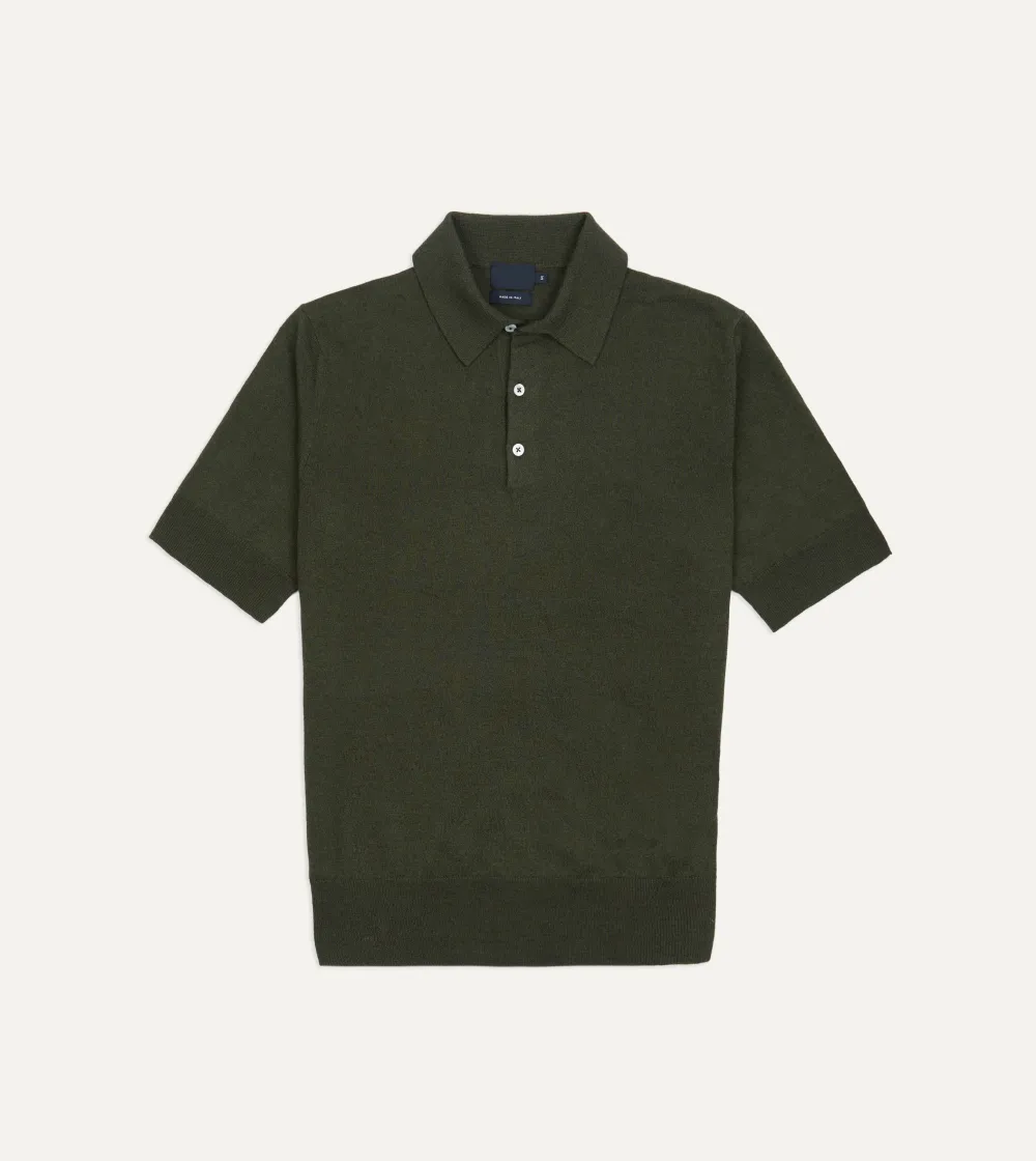Olive Knitted Linen-Cotton Short-Sleeve Polo Shirt Elegant