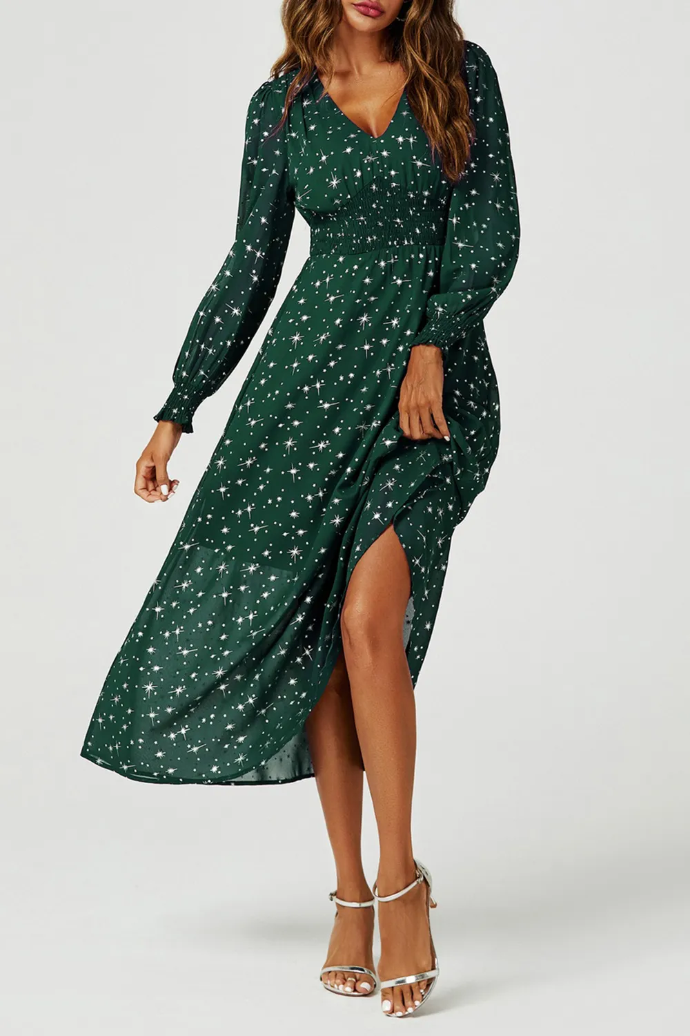 Green Polka Dot Star V-Neck Long Sleeve Maxi Dress