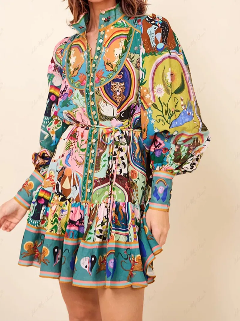 Casual Graffiti Evergreen Printing Mini Dress