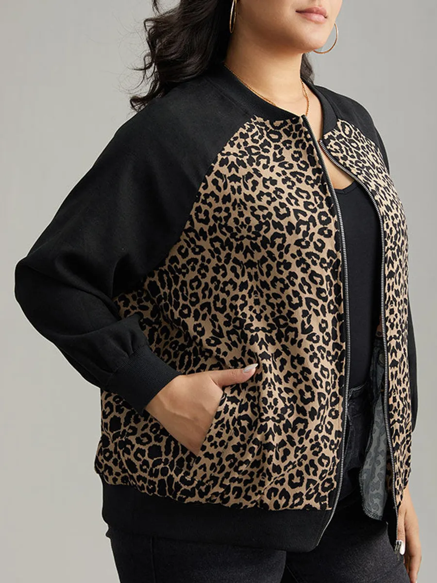 Plus-size women's elegant leopard-print patchwork coat