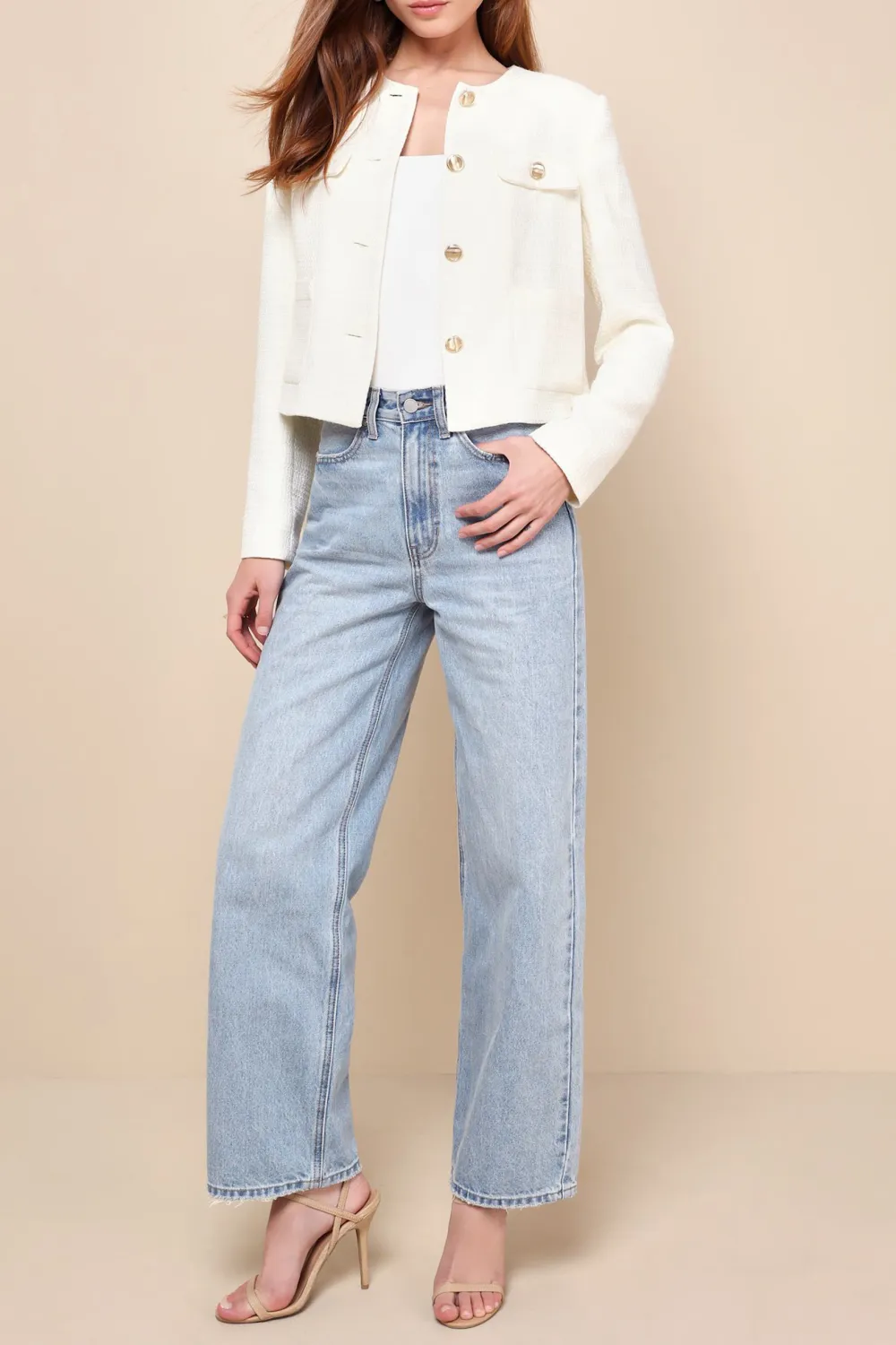 Casual Style Cream Tweed Crew Neck Button-Front Blazer