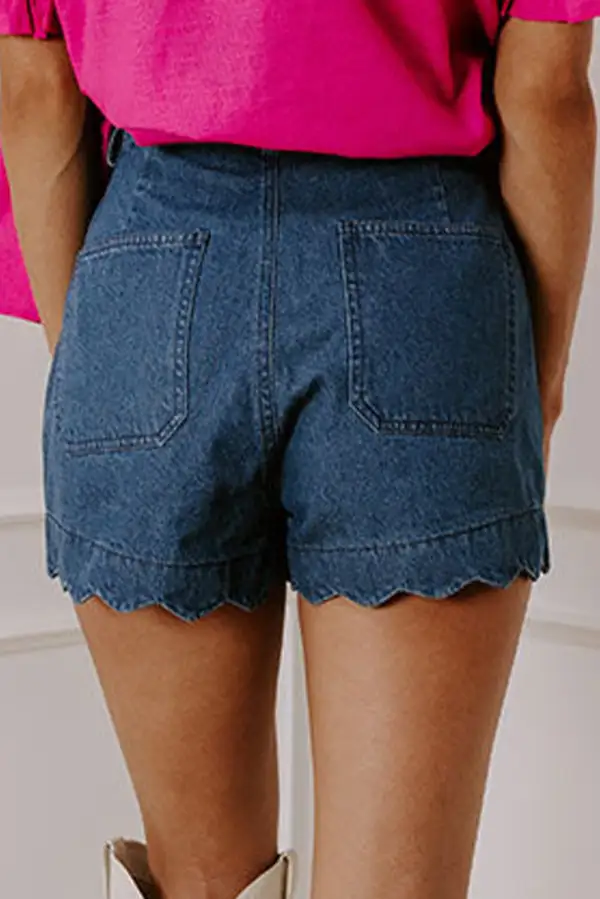 Everyday Scalloped Hemline Acid Wash High Waist Denim Shorts
