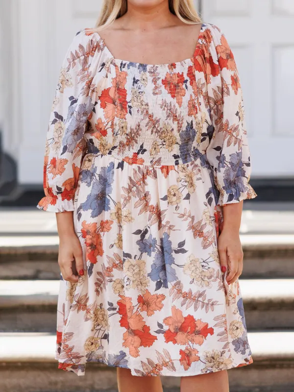 Floral Patterned Square Neck Pleated Loose Fitting Dress